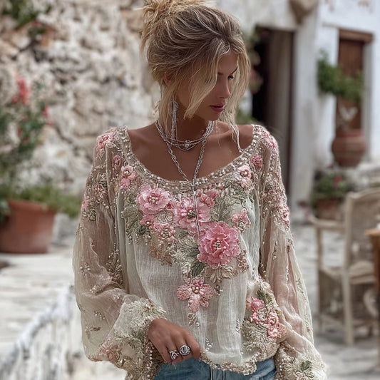 Women's Vintage Pink Flower Embroidery Art Long Sleeve Linen Blend T-shirt elevenforest