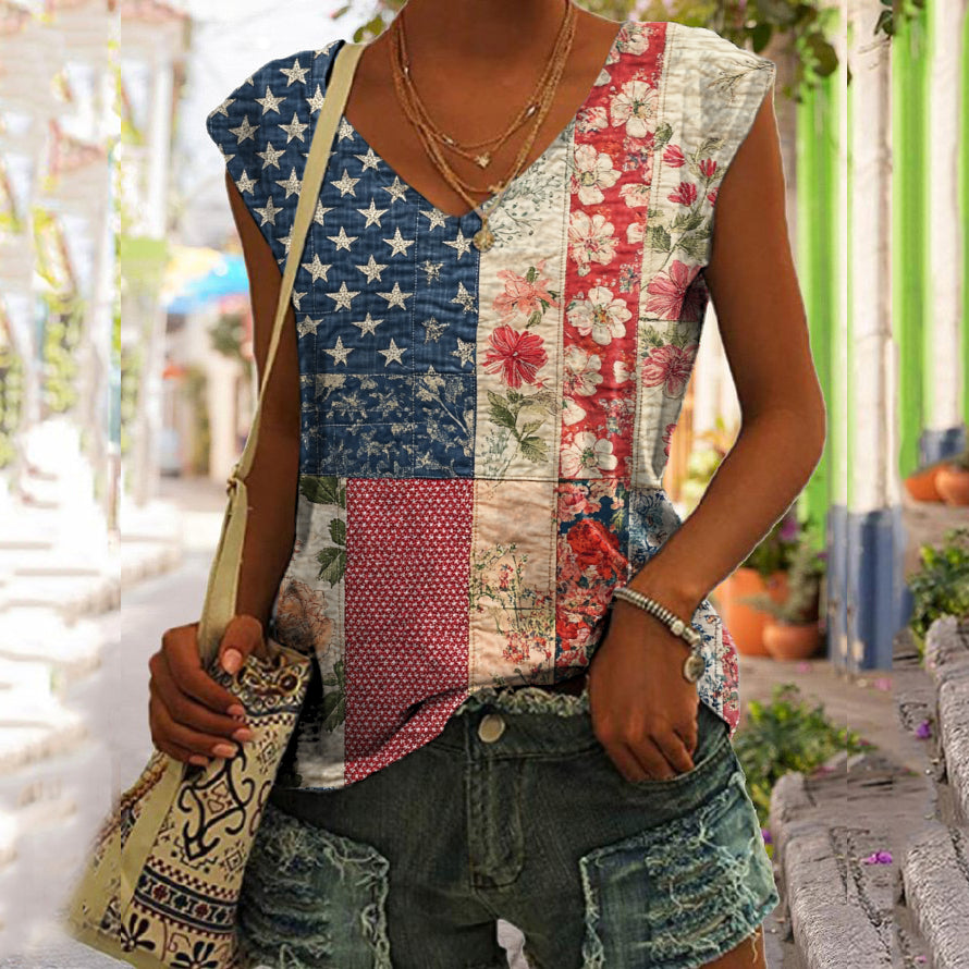 Women's Vintage Independence Day Flag Floral Vest elevenforest