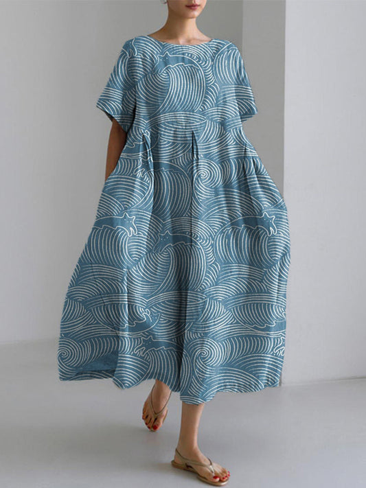 Cats & Waves Pattern Linen Blend Midi Dress elevenforest
