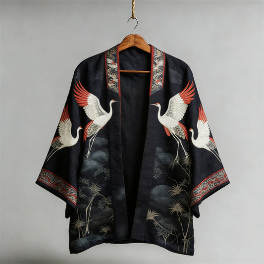Japanese Classy Cranes & Pine Trees Art Linen Kimono elevenforest