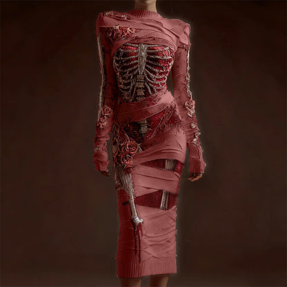 Comstylish Classy Skeleton Anatomy Bloody Roses Bandages Maxi Sweater Dress