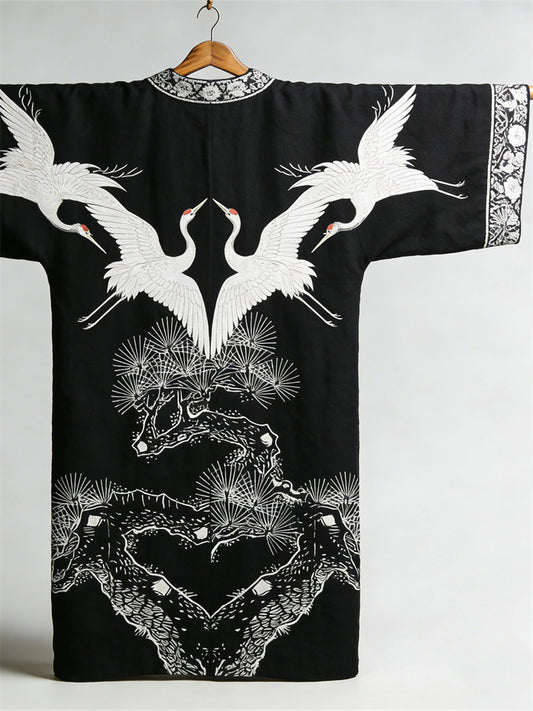 Comstylish Japanese Cranes & Pine Trees Classy Linen Long Kimono