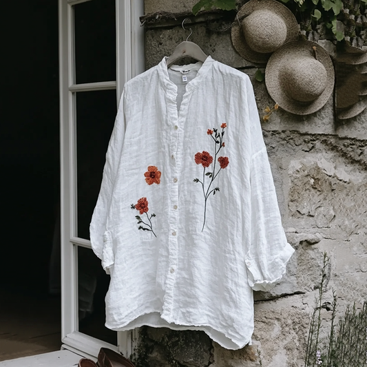Vintage Floral Embroidery Art Button Cotton Linen Blend Loose Blouse elevenforest