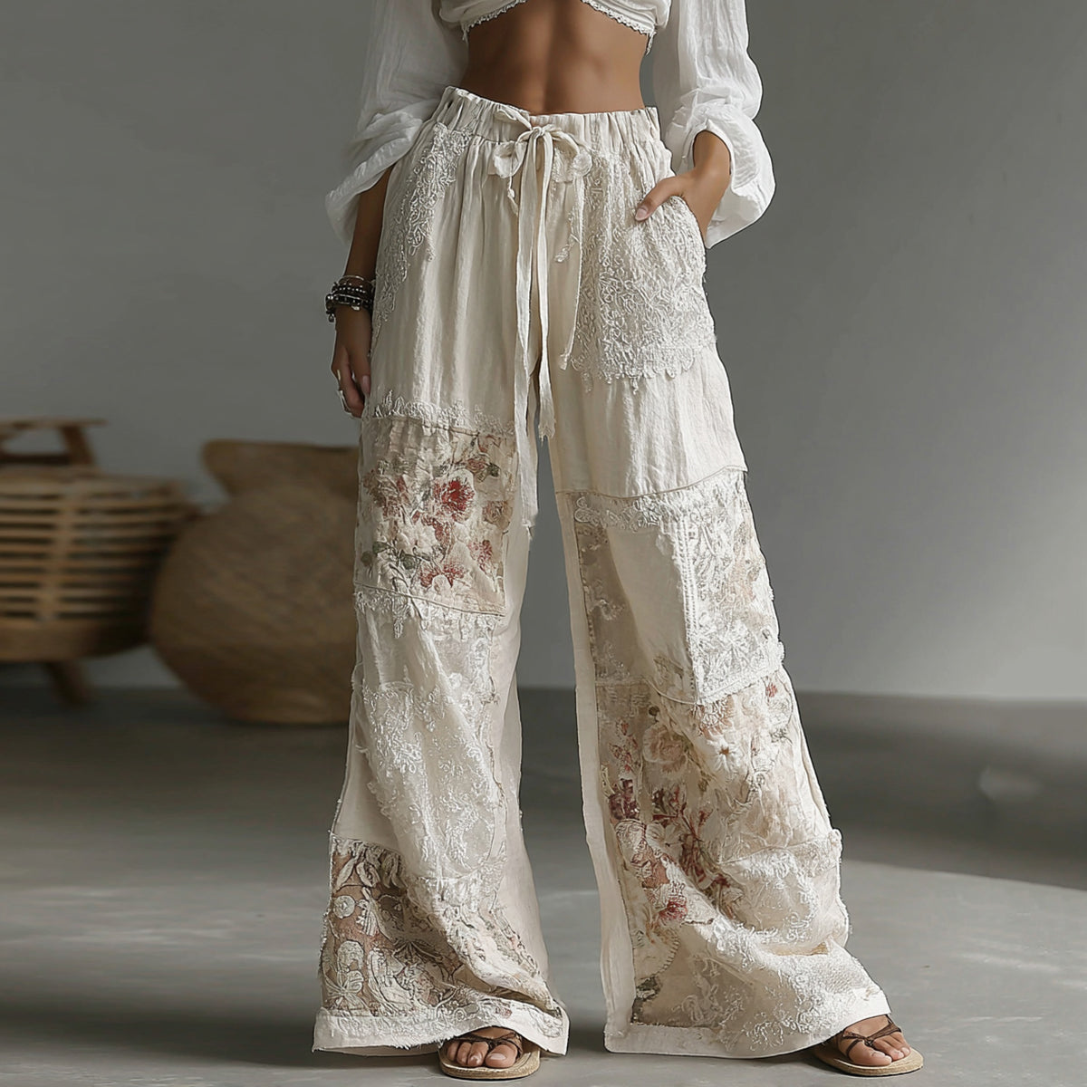 Women's Retro Floral Patchwork Art Casual Pocket Linen Pants