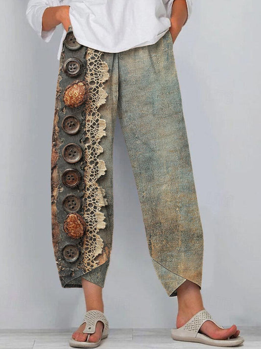 Vintage Lace Button Design Linen Blend Pants elevenforest