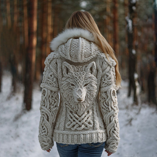Women's Viking Wolf Celtic Knot Art Cozy Fur Collar Knit Hooded Sweater Jacket artswardrobe