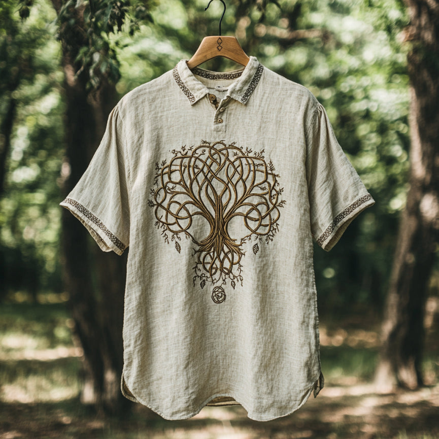Men's Viking Tree Of Life Embroidery Pattern Lapel Shirt elevenforest