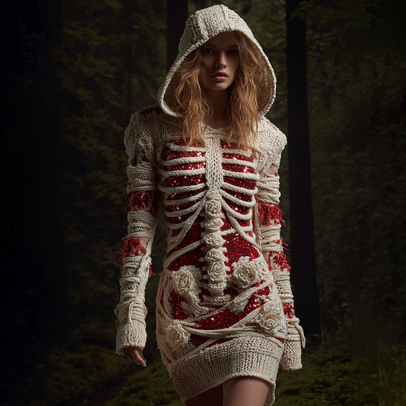 Women's Halloween Anatomy Bandage Rose Sequin Art Cozy Knit Hooded Sweater Dress elevenforest