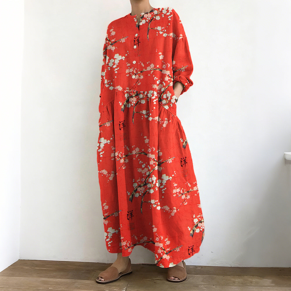 Comstylish Vintage Cherry Blossom Art Pattern Cozy Linen Maxi Dress