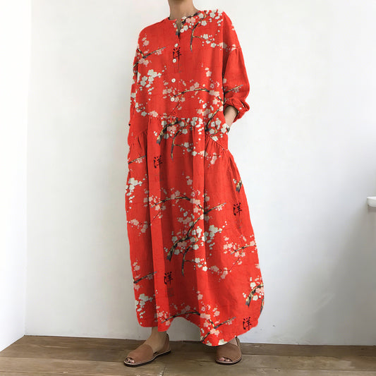 Comstylish Vintage Cherry Blossom Art Pattern Cozy Linen Maxi Dress