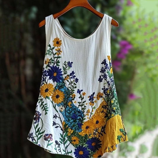 Floral Embroidered Sleeveless Linen Blend Tank Top elevenforest