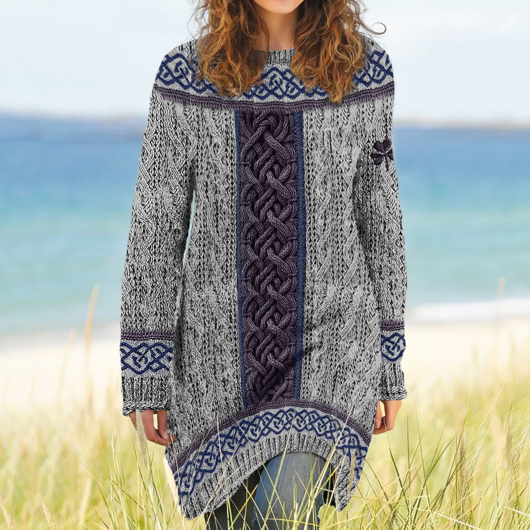 Women's Irish Celtic Knotted Shamrock Contrast Jacquard Sweater Dress artswardrobe