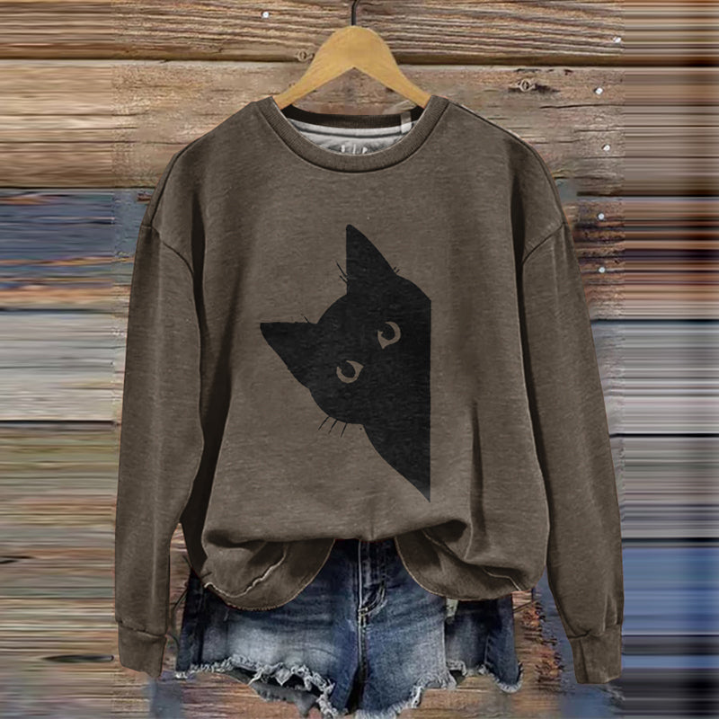 Women's Peek-A-Boo Black Cat Printed Sweatshirt elevenforest