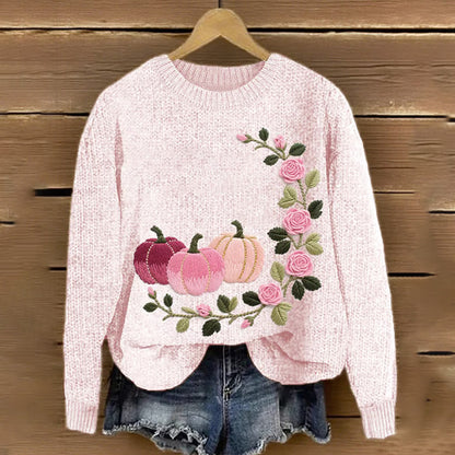 Women's Pink Pumpkin & Rose Embroidered Knit Print Sweater artswardrobe