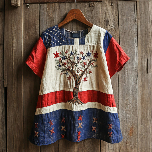 Vintage Independence Day American Flag With Tree Of Life Embroidery Women's Linen V-neck T-shirt elevenforest