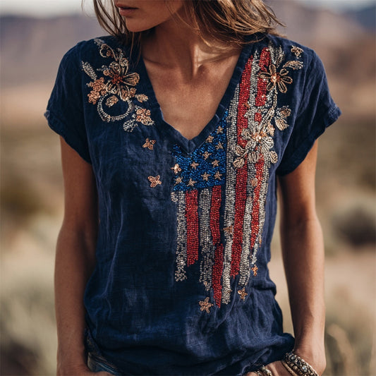 Independence Day Sequined Floral Embroidered Women's V-neck T-shirt elevenforest