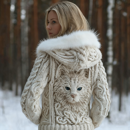 Viking Retro Cat Design Women's Hooded Knit Sweater Jacket elevenforest