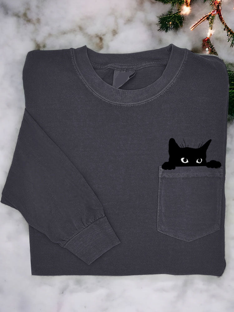 Women's Casual Funny Black Cat Print T-Shirt elevenforest