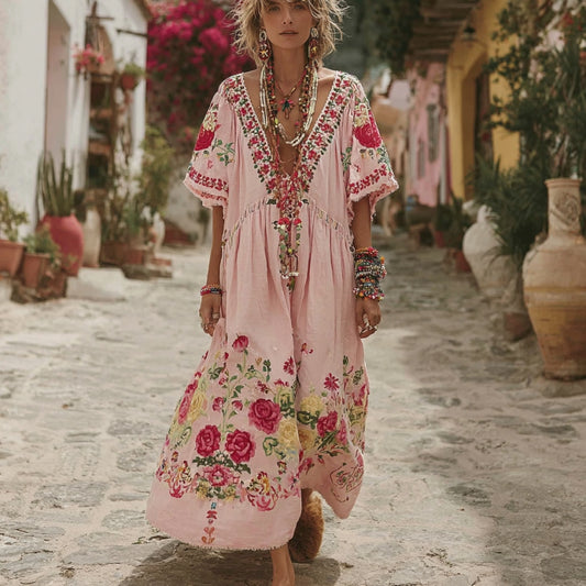 Women's Pink Rose Embroidery V-neck Short Sleeve Loose Linen Blend Midi Dress elevenforest