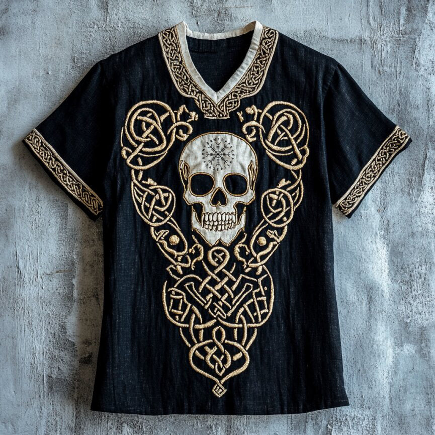 Men's Viking Tribal Skull Celtic Art Linen V-neck T Shirt elevenforest