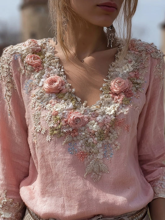Vintage Boho Pink Roses Embroidered V Neck Linen Tunic elevenforest