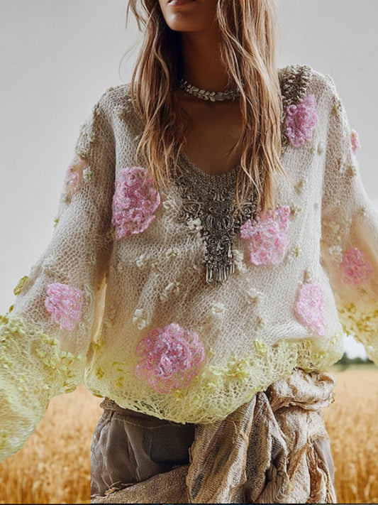 Women's Vintage Floral Long-sleeved V-neck Sweater elevenforest