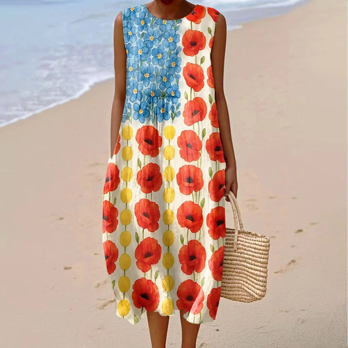 Comstylish Vintage Independence Day Floral Art Linen Casual Tank Dress
