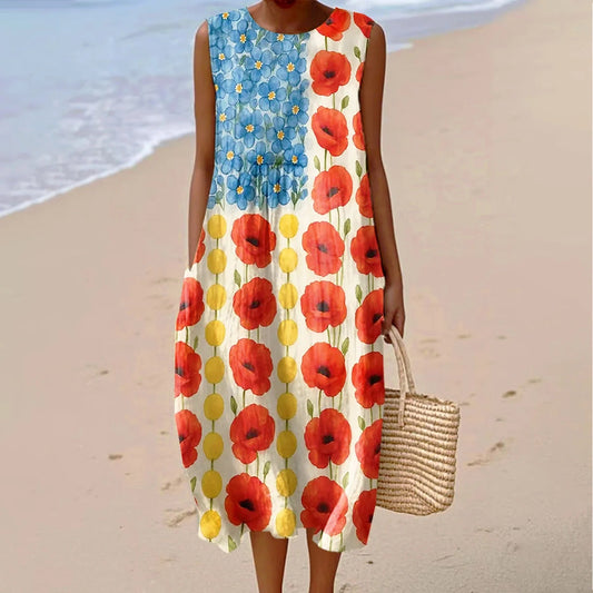 Comstylish Vintage Independence Day Floral Art Linen Casual Tank Dress