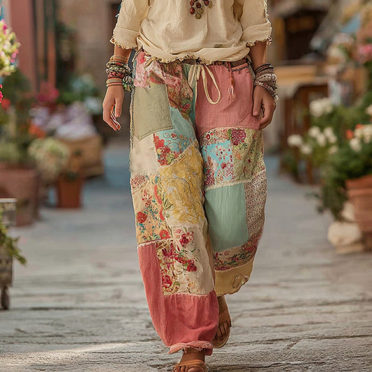 Classic Retro Rose And Floral Patchwork Art Linen Pants elevenforest
