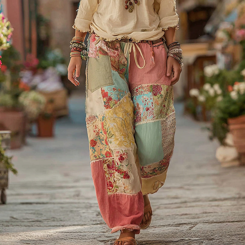 Classic Retro Rose And Floral Patchwork Art Linen Pants elevenforest