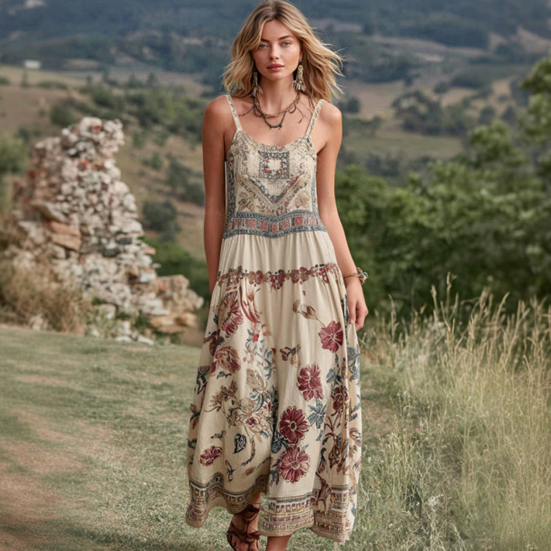 Women's Vintage Floral Linen Maxi Dress elevenforest