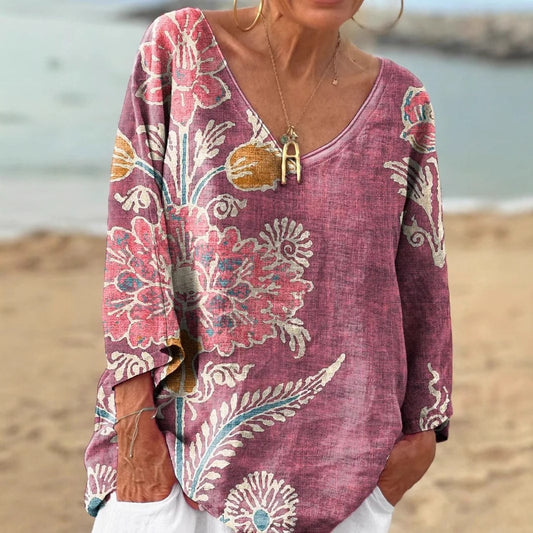 Vintage Floral Print V-neck Loose Linen Blend T-shirt elevenforest