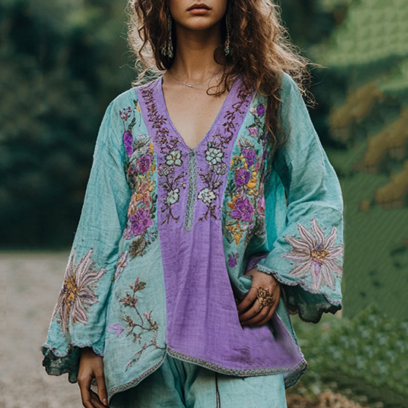 Vintage Floral Embroidery Linen Art V-neck Shirt elevenforest