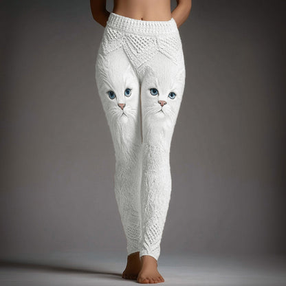 Cute Cat Face Embroidered Cozy Knit Leggings elevenforest