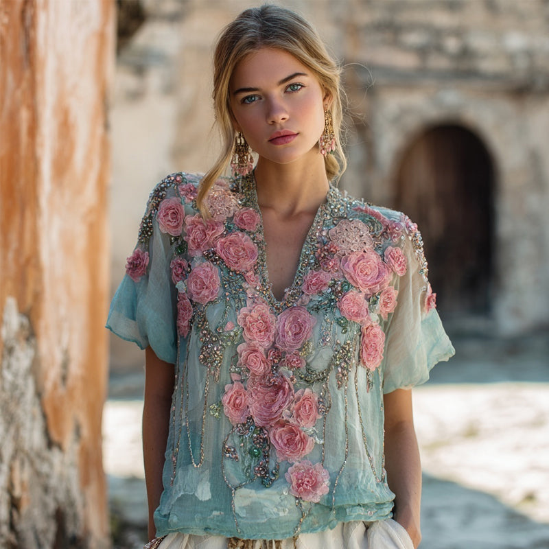 Boho Pink Roses Glitter Embroidered V Neck Linen Shirt elevenforest