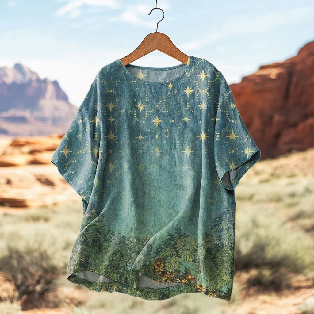 Comstylish Women's Starry Forest Art Print Casual Linen T-shirt