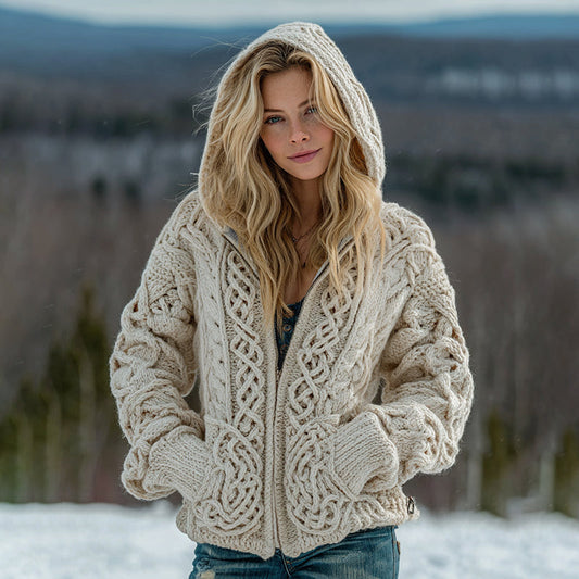 Women's Viking Celtic Knot Pattern Cozy Knit Zip Up Hooded Sweater artswardrobe