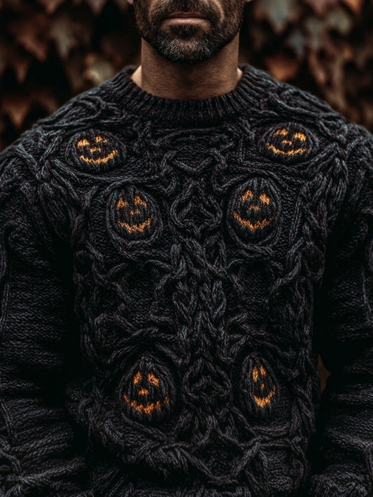 Men's Spooky Pumpkin Face Halloween Chunky Cozy Sweater artswardrobe