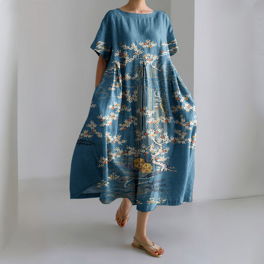 Comstylish Women's Vintage Japanese Flower Art Short Sleeve Midi Dress