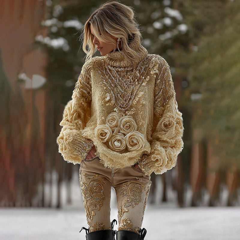 Women's Vintage Yellow Rose Art Knit Cozy High Neck Sweater elevenforest