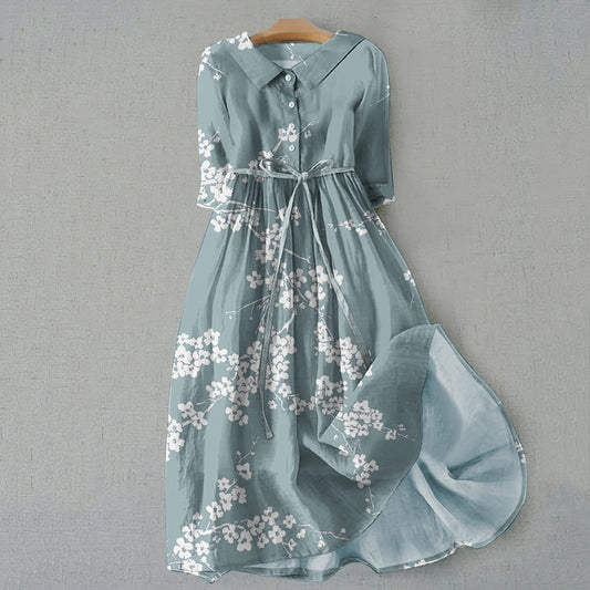 Vintage Cherry Blossom Print Lapel Lace-Up Loose Midi Dress elevenforest