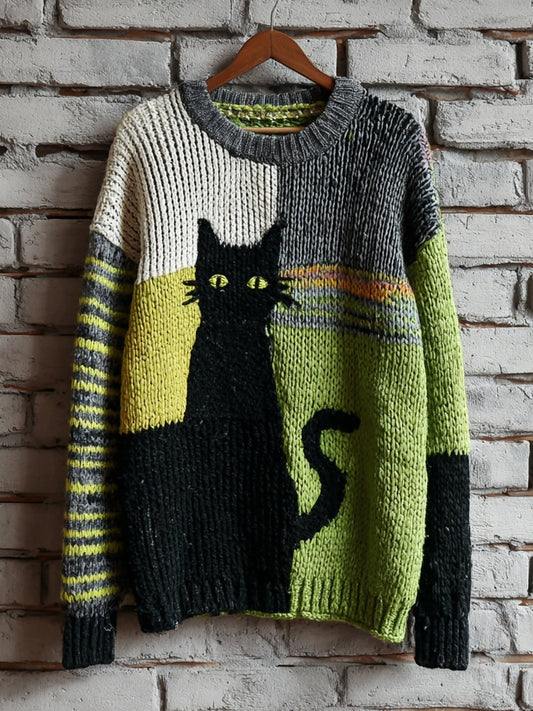 Halloween Black Cat Colorblock Cozy Knitted Sweater