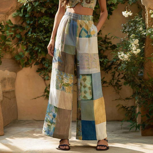 Women's Retro Bohemian Floral Patchwork Linen Trousers elevenforest