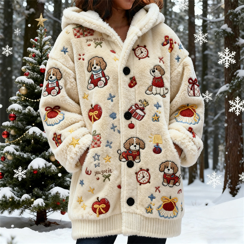 Comstylish Christmas Puppy Art Women's Flannel Loungewear Coat