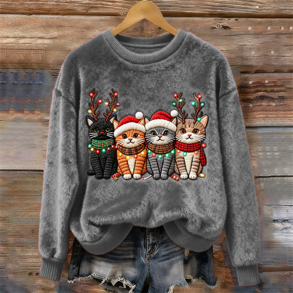 Christmas Lights Cat Women's Cozy Plush Sweater elevenforest