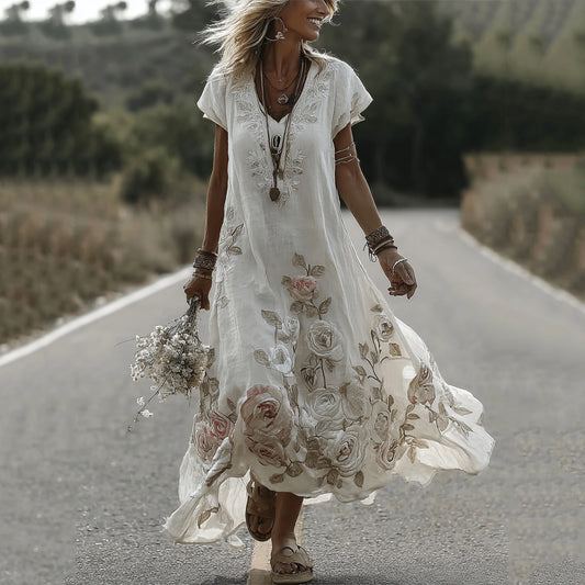 Women's Vintage Rose Embroidery Art Casual Maxi Dress elevenforest