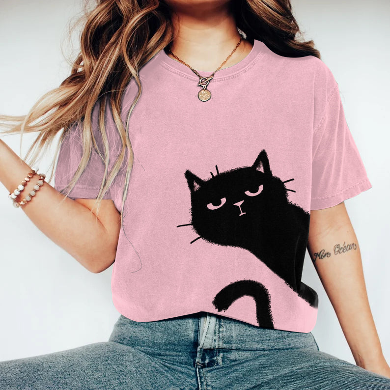 Women's Abstract Creative Cute Black Cat Art Print T-shirt elevenforest