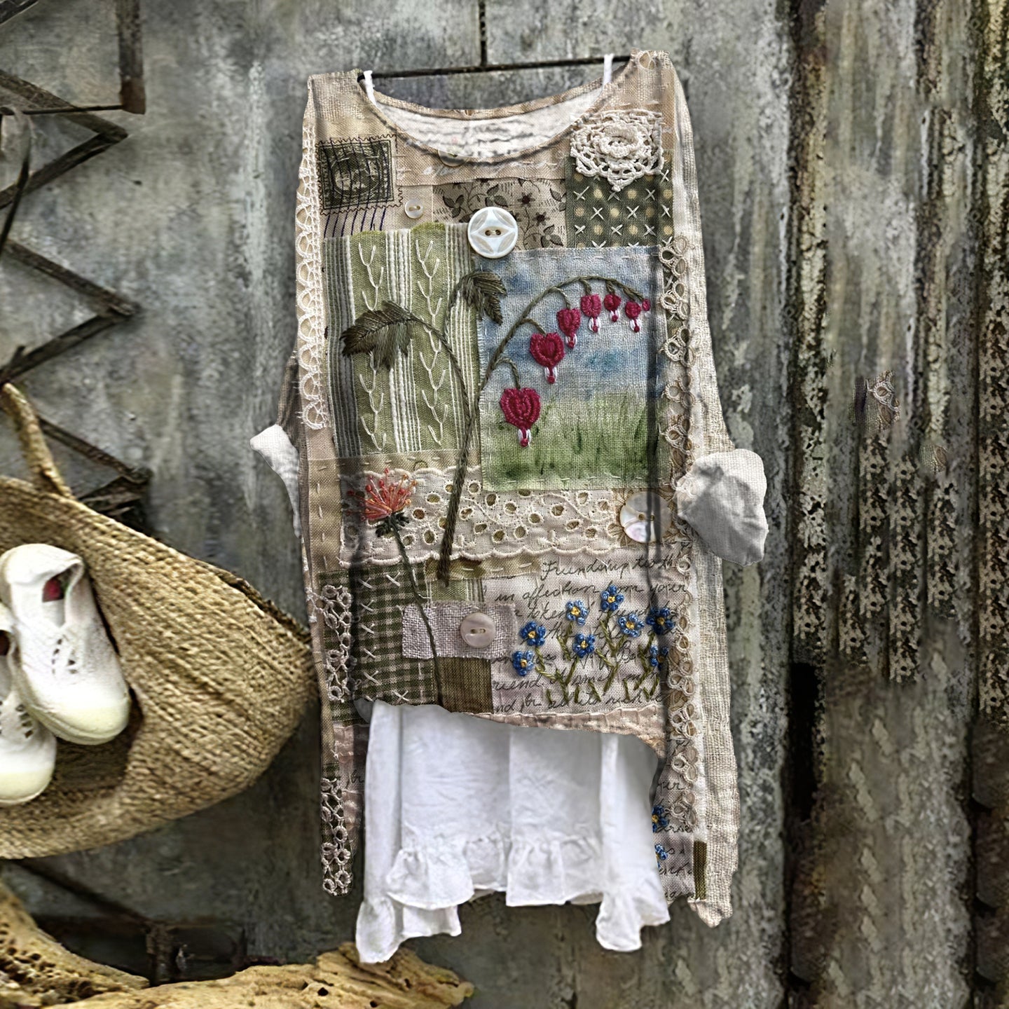 Comstylish Vintage Flora Lace Embroidery Art Linen Blend Blouse