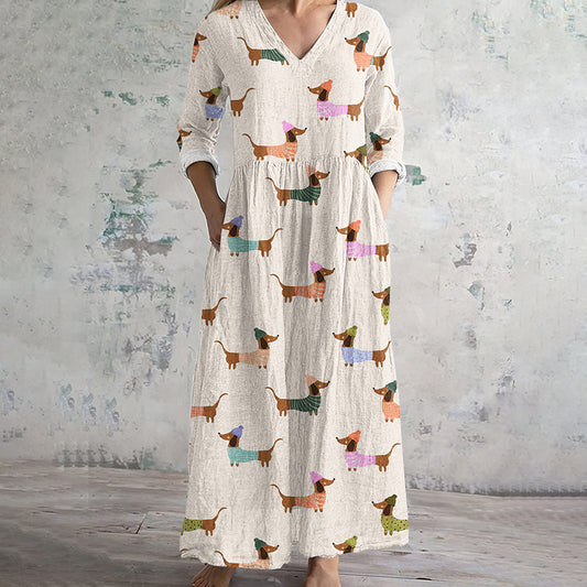 Comstylish Retro Cute Dachshund Dog Art Women's Linen Dress