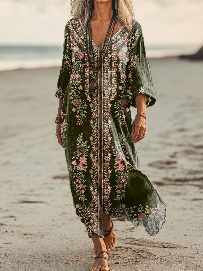 Women's Floral Embellished Pattern Art Print Pocket Cotton Dress